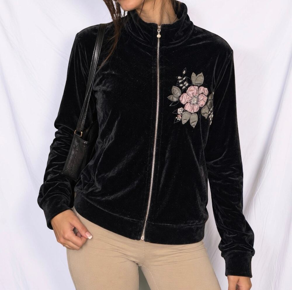 Y2K Jaclyn Smith Black Velvet Zip Jacket Floral Beaded Small